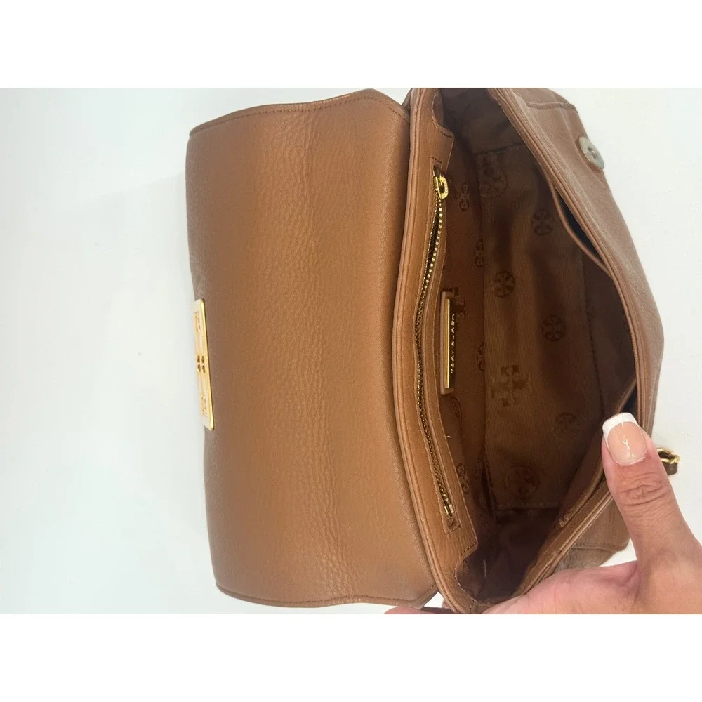 Tory Burch Shoulder Bag Womens Small Brown Leather Chain Strap Flap Logo